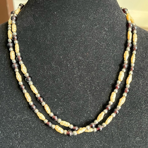 Vintage Jewelry - Vintage Freshwater Pearl Style & Garnet Glass Beaded Long Necklace